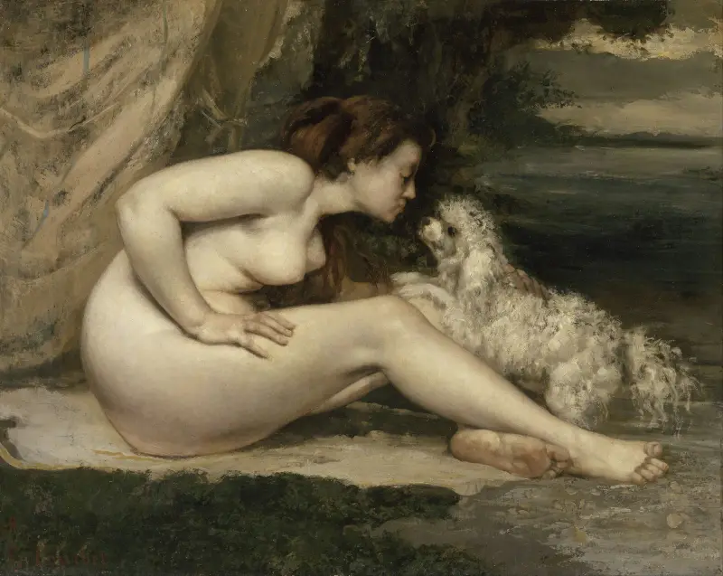 Naken kvinna med hund av Gustave Courbet