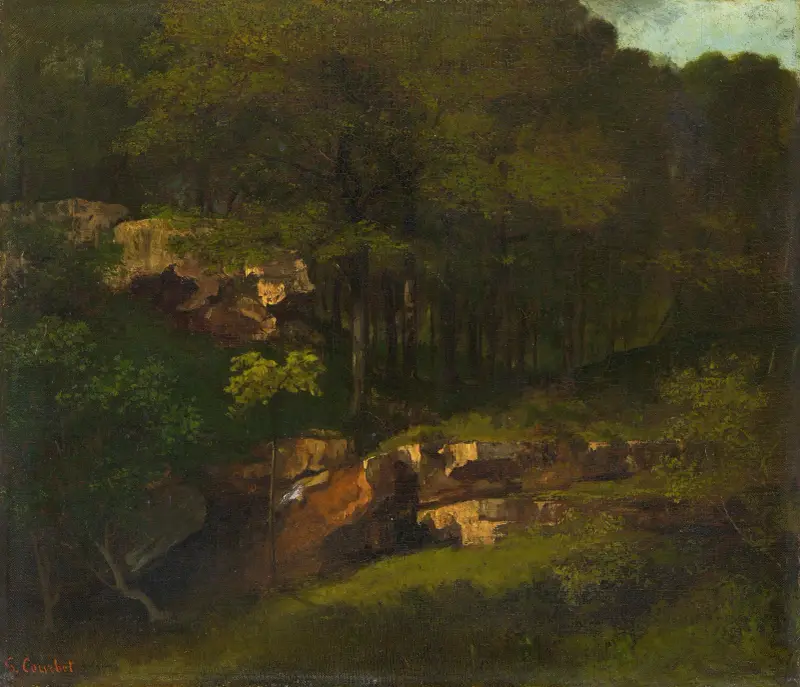 Wooded mountain slope with rocks av Gustave Courbet
