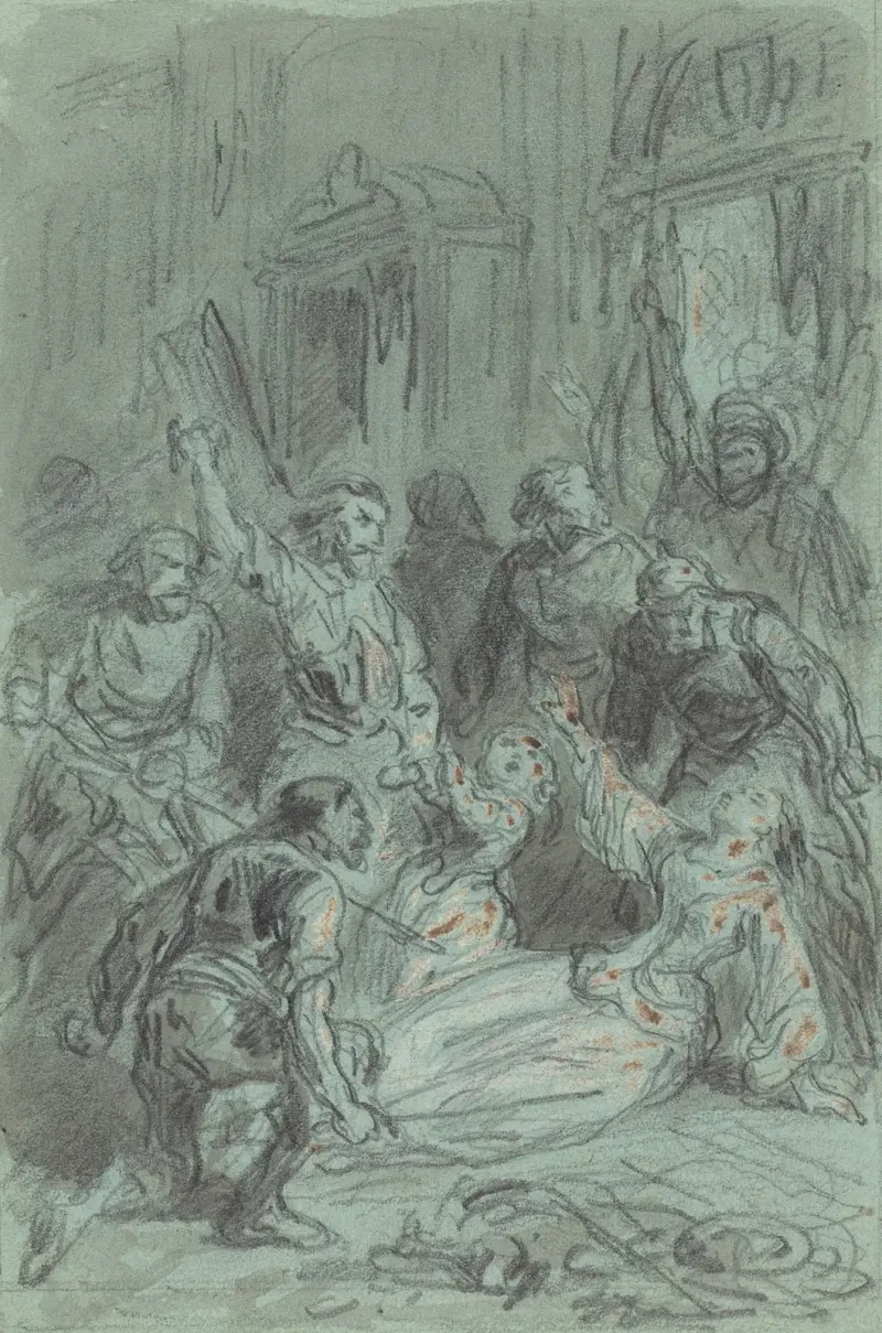 En dramatisk scen med en svimande kvinna av Gustave Doré