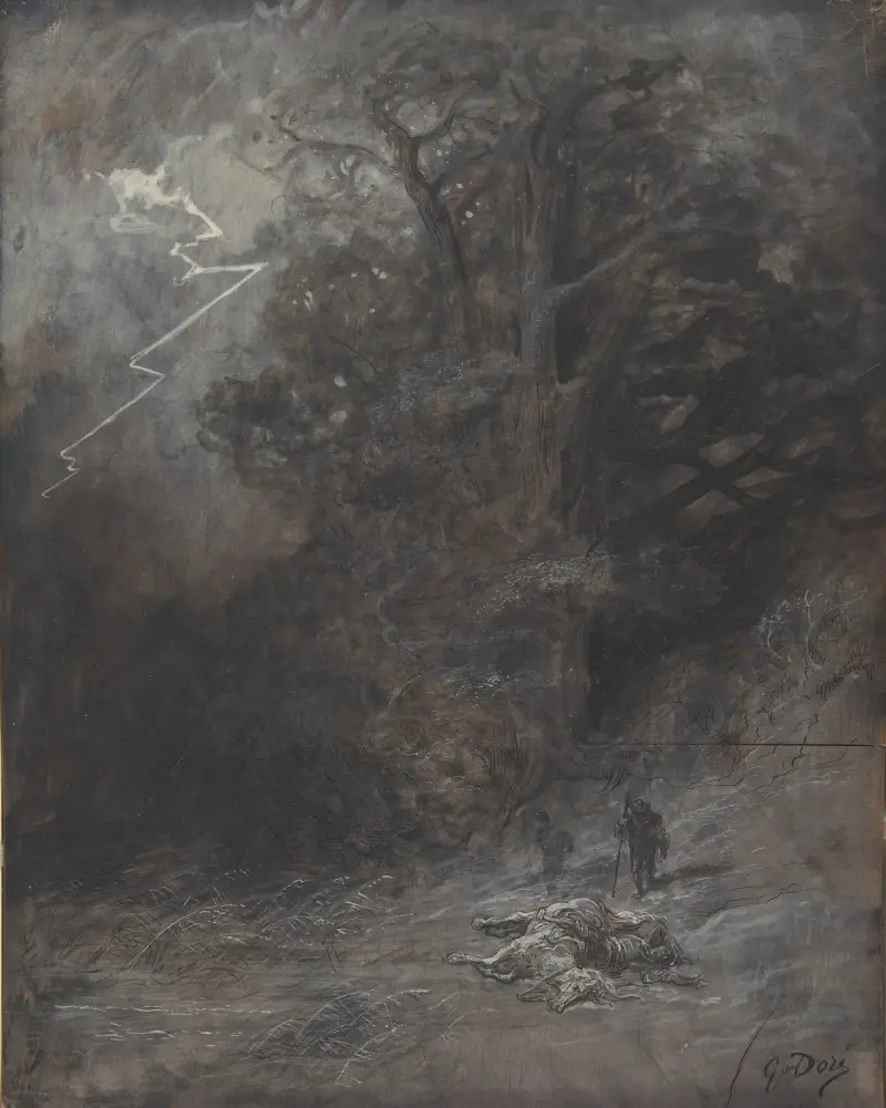 Ryttare och en död häst i ett landskap av Gustave Doré