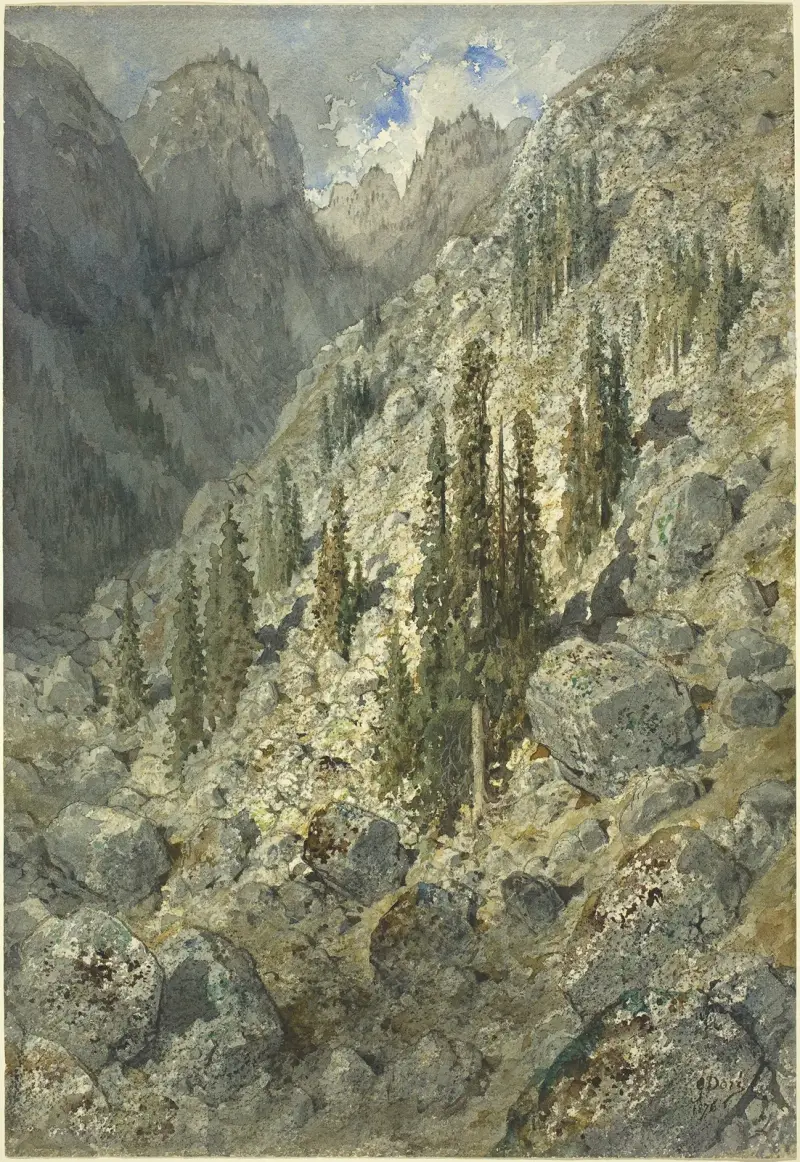 En alpdal med träd och stenblock av Gustave Doré