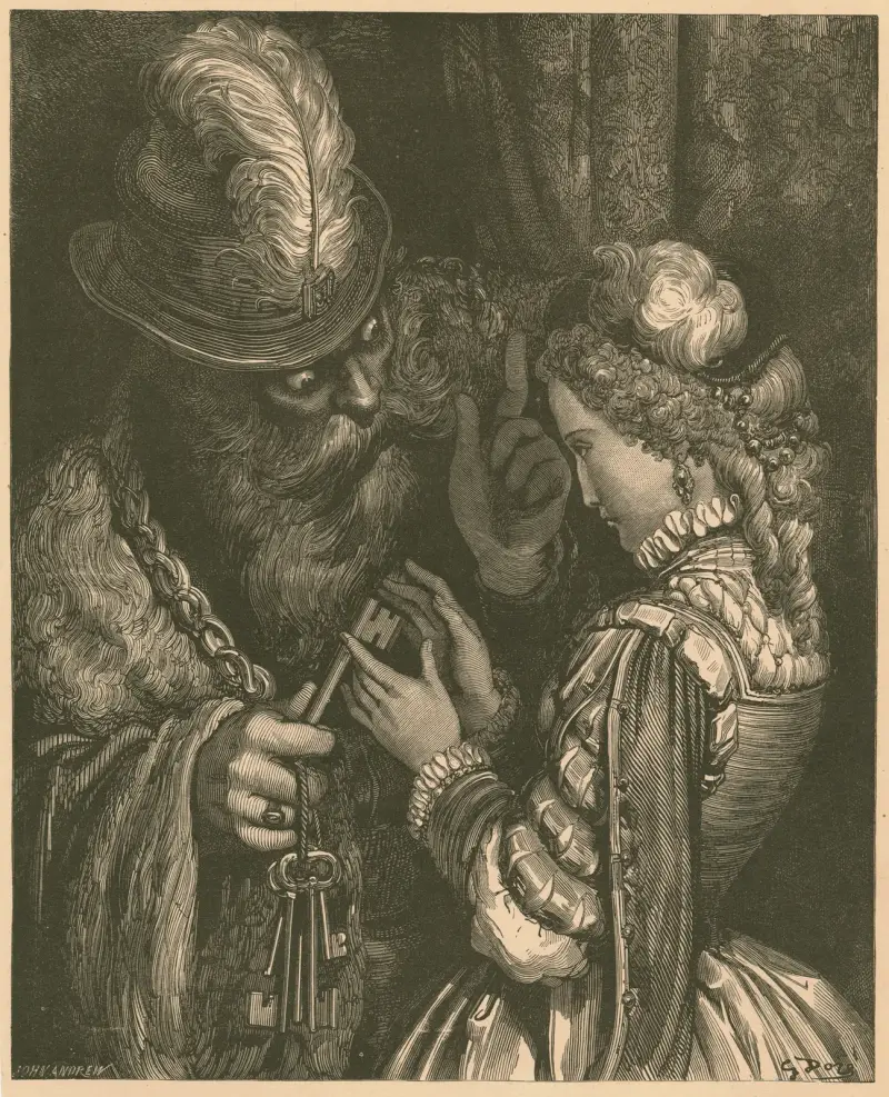 Blåskägg ger Fatima nycklarna av Gustave Doré