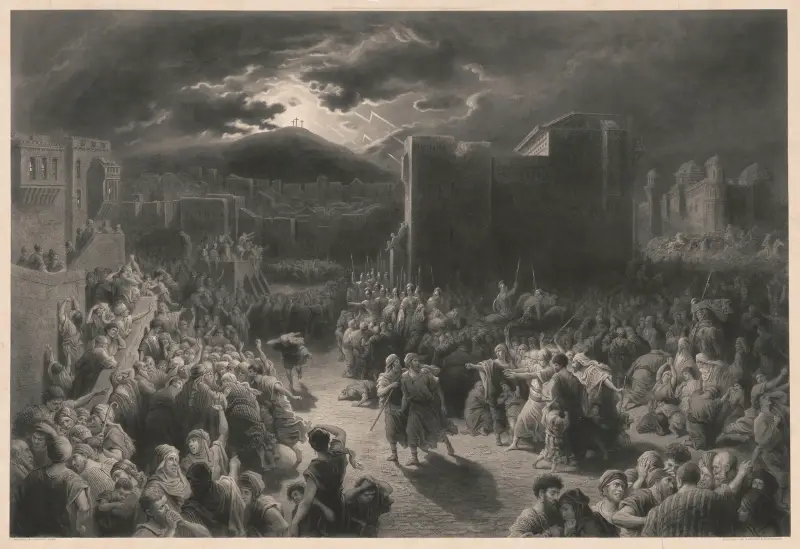Crucifixion scene in stormy, dark town with crowds and Roman soldiers surrounding two men av Gustave Doré