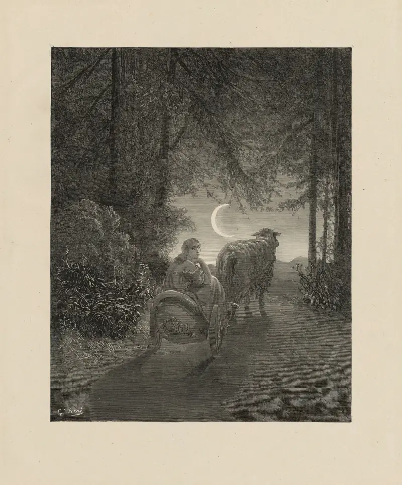 Hon gav sig av samma natt i en vacker kabriolet dragen av en stor bagge som kände alla vägar av Gustave Doré