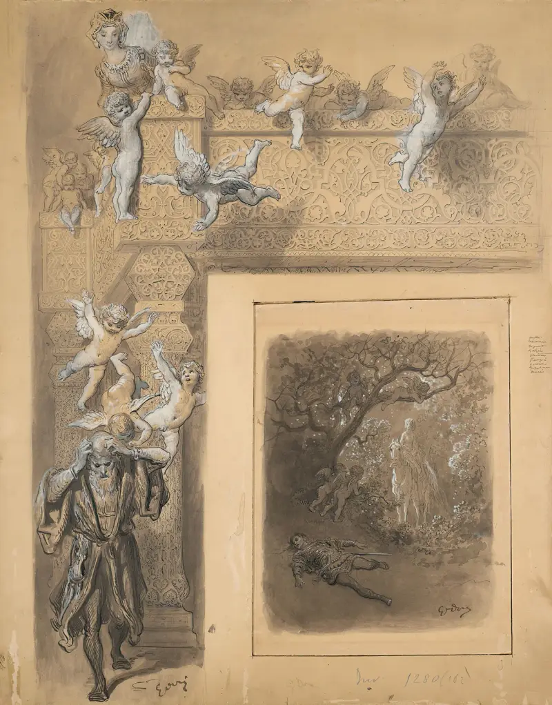 Studie till Médor och Angélique ur Ariostos Rasande Roland av Gustave Doré