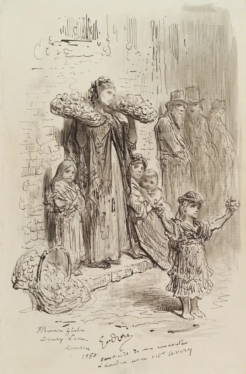 Blomsterflickor på Drury Lane, London av Gustave Doré