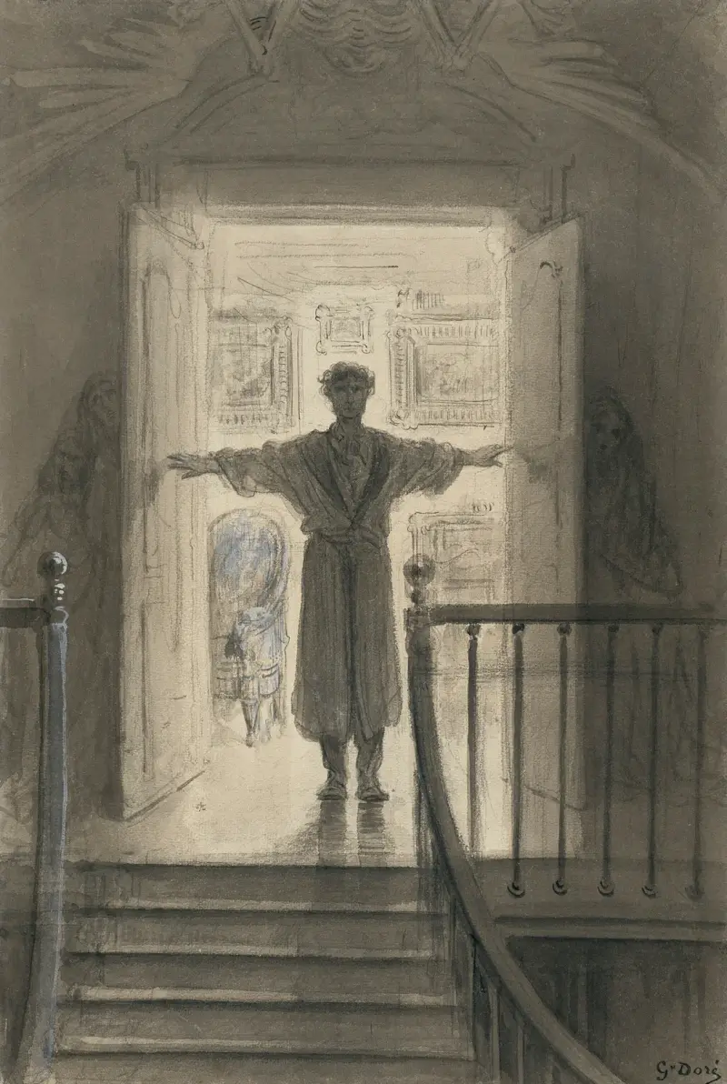 …här öppnade jag dörren på vid gavel; mörker där och intet mer av Gustave Doré