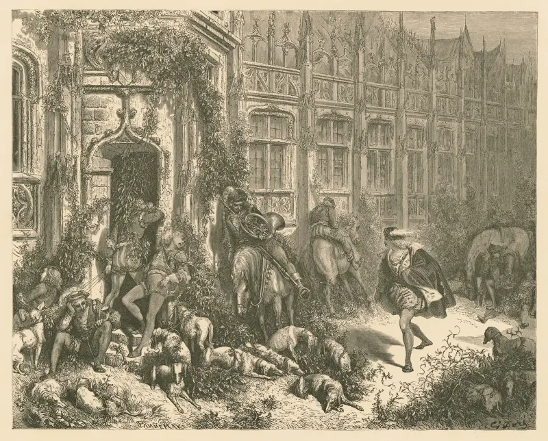 Djärva jägare åter från jakten, snarkande med hornen vid läpparna av Gustave Doré
