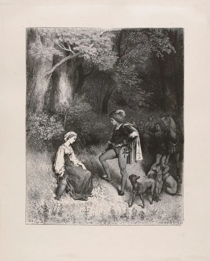 Kungasonen som återvände från jakten mötte henne och frågade vad hon gjorde där helt ensam och vad hon hade att gråta över av Gustave Doré