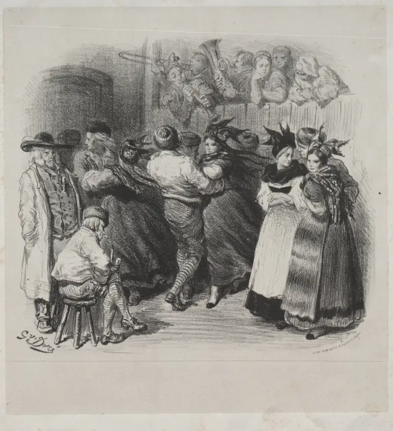 Musikaliska verk av Ernest Doré; Alsace-souvenir, alsatisk dans – titelsida av Gustave Doré