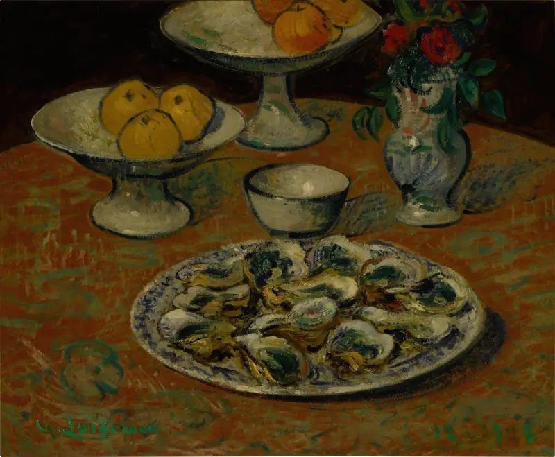 Stilleben, ostron, frukt och blommor av Gustave Loiseau