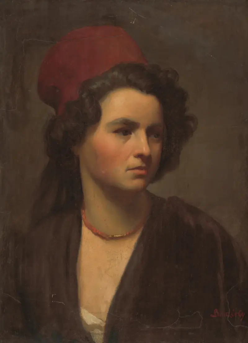 Portrait of a girl in a red scarf av Gyula Benczúr