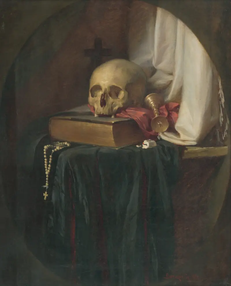 Stillleben mit Schädel und Buch von Gyula Benczúr