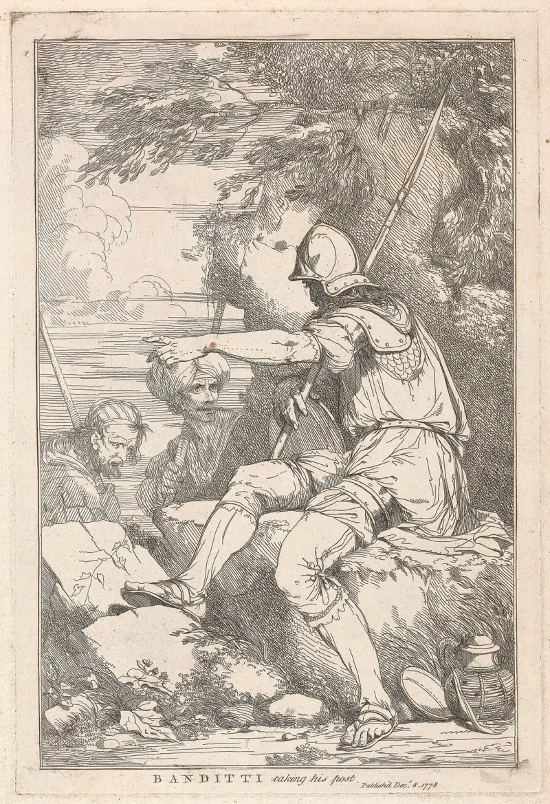 Banditti taking his post av John Hamilton Mortimer