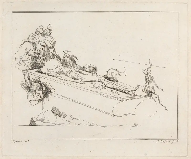 Doctors, Birds, Dog, Rat and Skeleton attending a Corpse av John Hamilton Mortimer