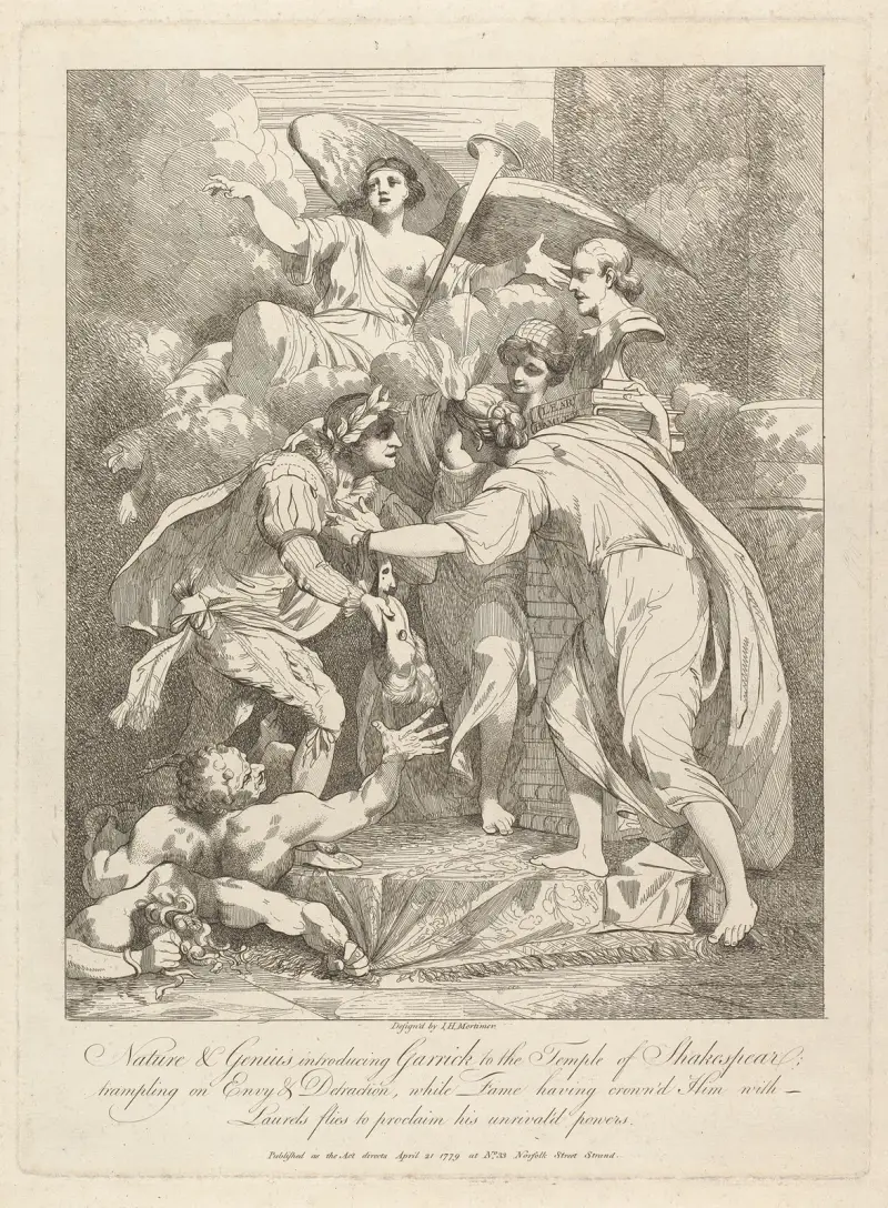 Naturen och snillet presenterar Garrick för Shakespeares tempel av John Hamilton Mortimer