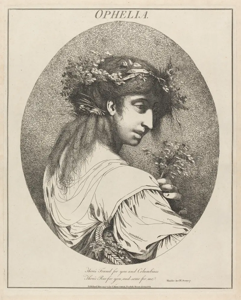 Ophelia, från Hamlet, akt IV, scen 7 av John Hamilton Mortimer