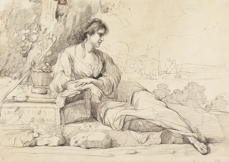 Liggande kvinnofigur i italienskt landskap av John Hamilton Mortimer