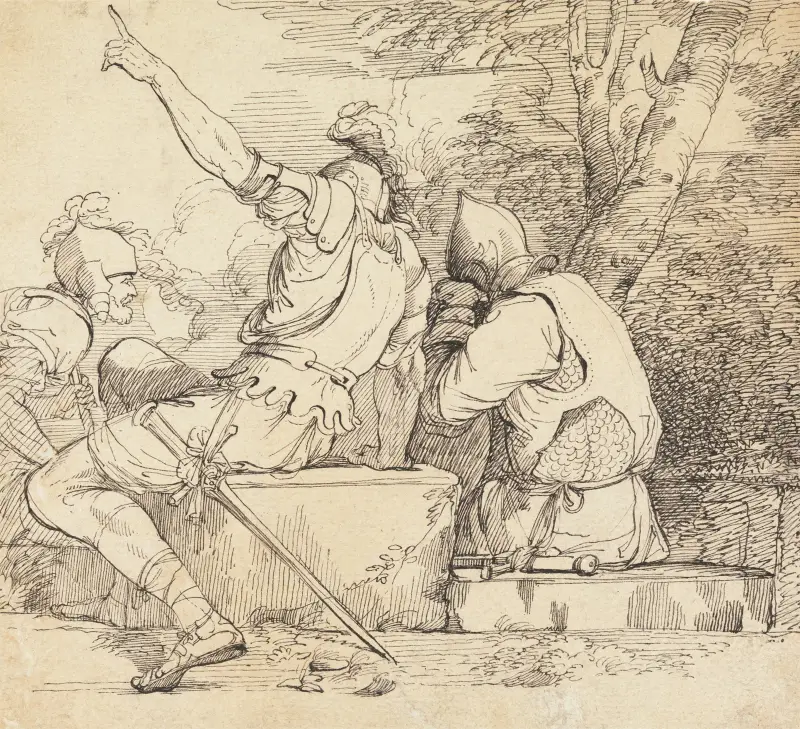 Three Soldiers in Armour Sitting on Stone Blocks av John Hamilton Mortimer