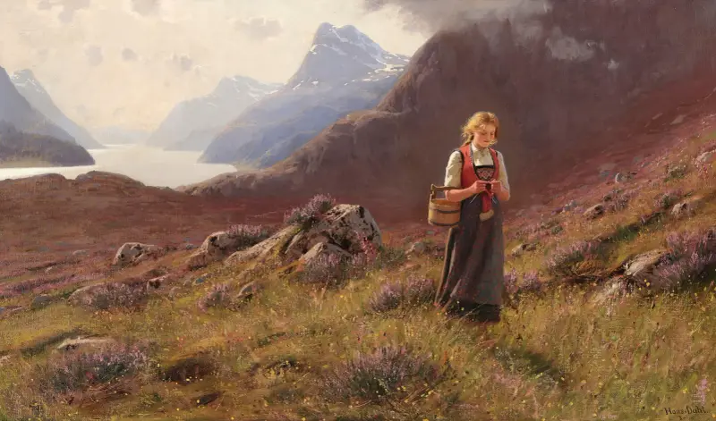 A girl knitting in a Norwegian landscape av Hans Dahl