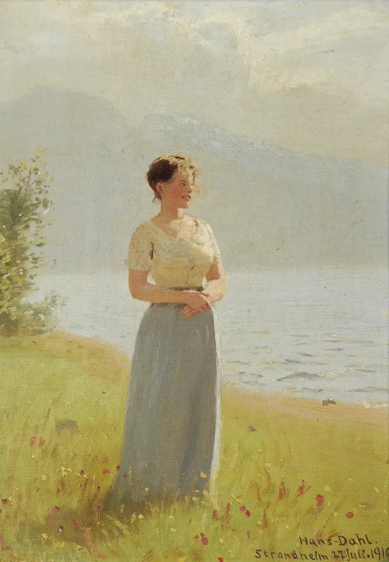 Girl Beside A Fjord av Hans Dahl