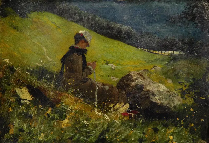 Girl In A Field Knitting av Hans Dahl