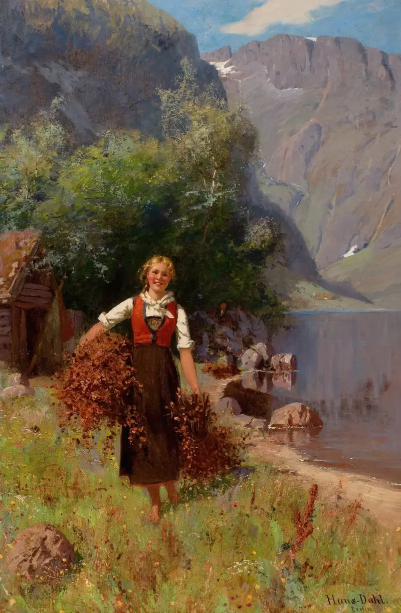 Girl in a Fjord Landscape av Hans Dahl