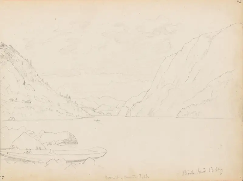 Båt på stranden, Byrtevatn av Hans Gude