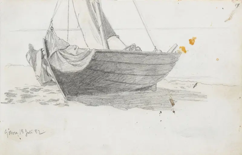 Båt på stranden, Göhren av Hans Gude
