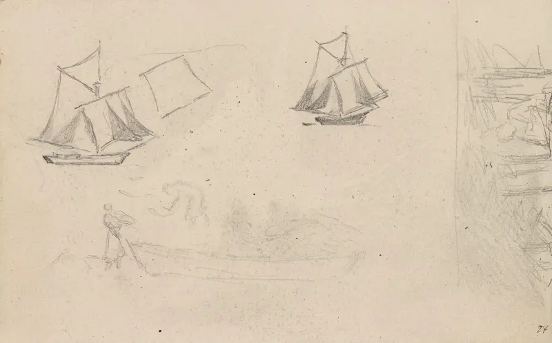 Bootsstudien; Skizze eines Bootes und Figuren von Hans Gude