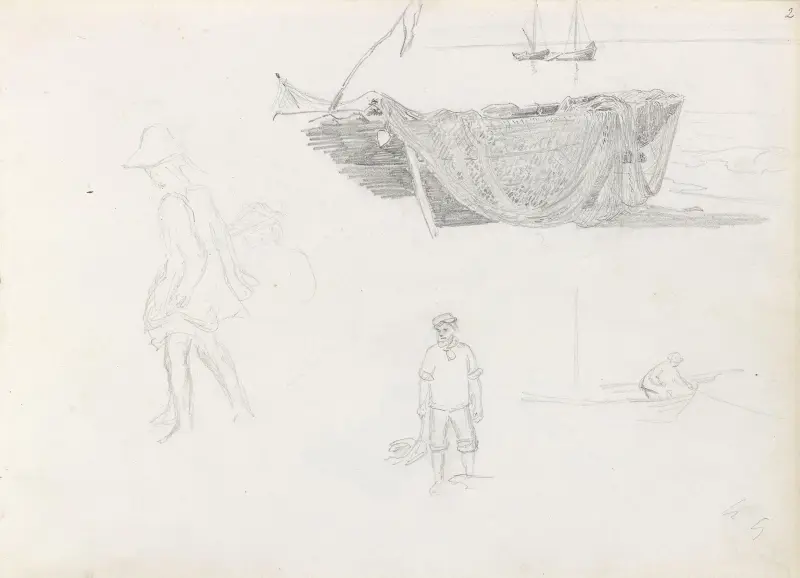 Båt med fisknät; figurstudier av Hans Gude