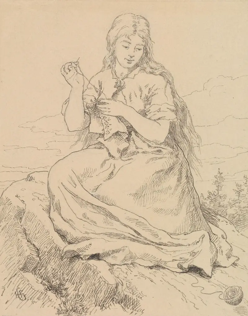 ‘Bring that ball of yarn here,’ she said av Hans Gude
