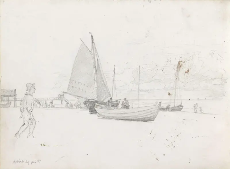 Figurer och båtar på stranden, Ahlbeck av Hans Gude