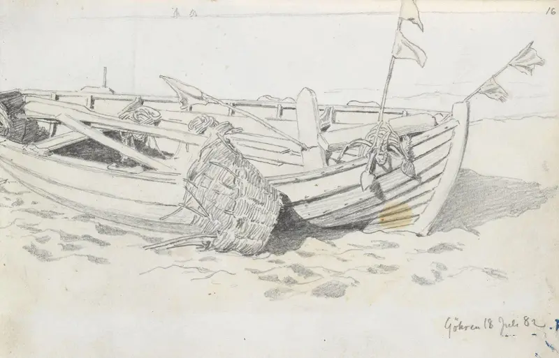 Fiskebåt på stranden, Göhren av Hans Gude