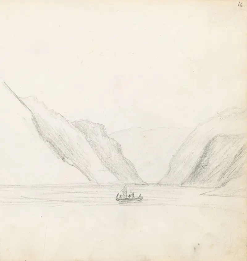 Fjord og seilbåt av Hans Gude