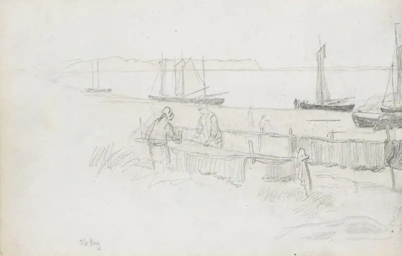 Garntørking og båter på stranden, Rügen av Hans Gude