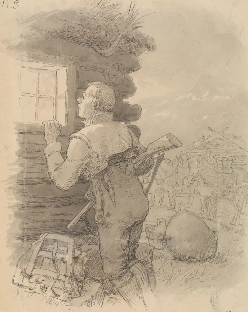 He glanced over a window and peered inside av Hans Gude