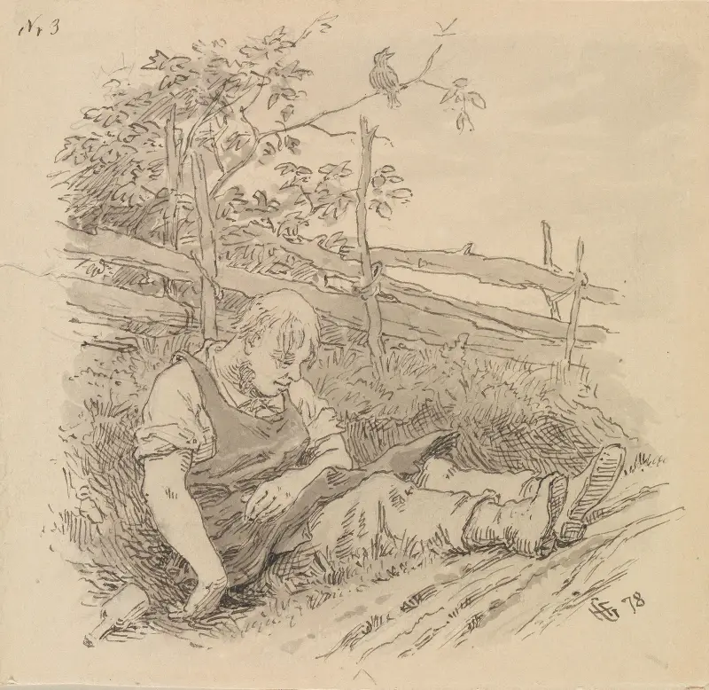 Illustration till 'En aftonstund i ett proprietärkök' i P. Chr. Asbjørnsen, Norske folke- og Huldre-Eventyr i Udvalg, Köpenhamn 1879 av Hans Gude
