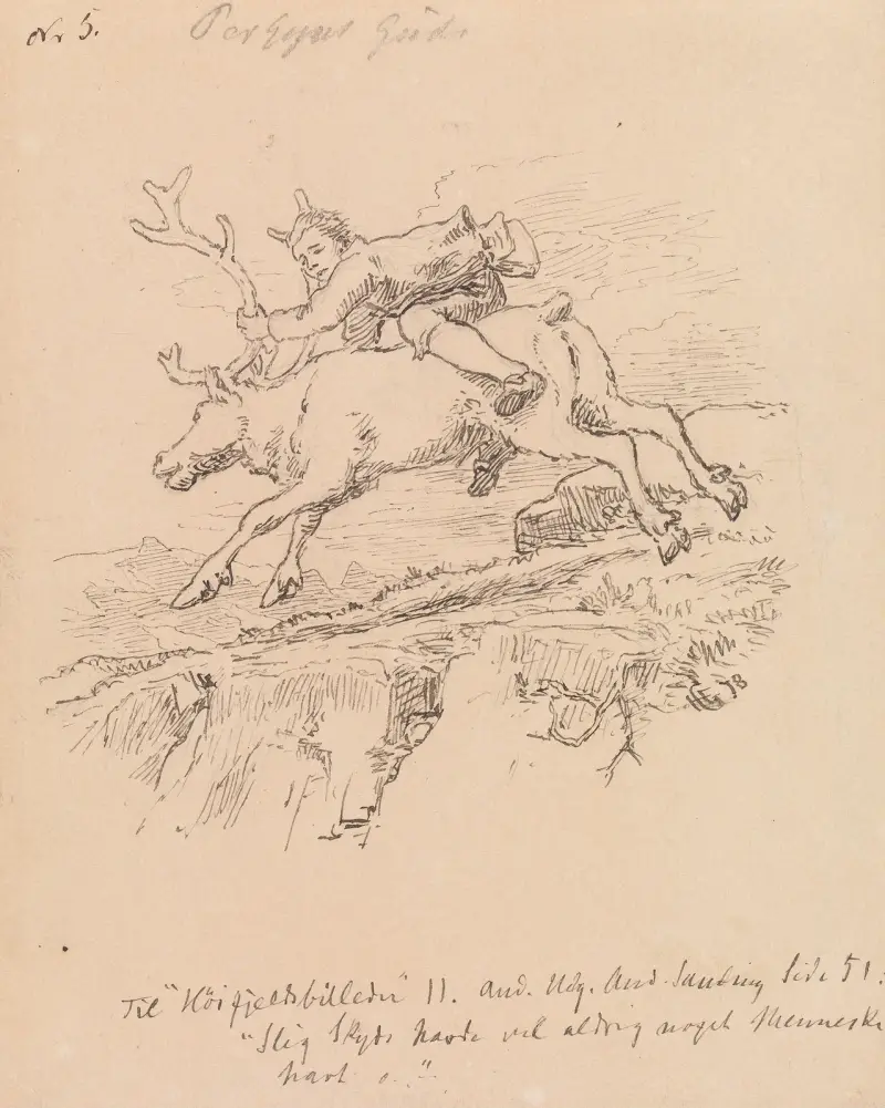 Illustration till 'Høyfjellsbilleder' i P. Chr. Asbjørnsen och J. Moe, Samlede eventyr, Oslo 1982 av Hans Gude