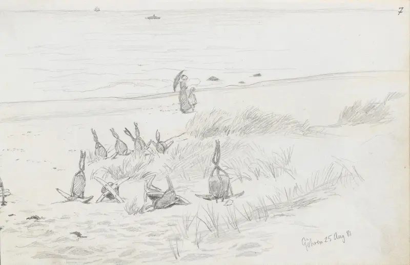 Kvinna med barn och ankare på stranden, Göhren av Hans Gude