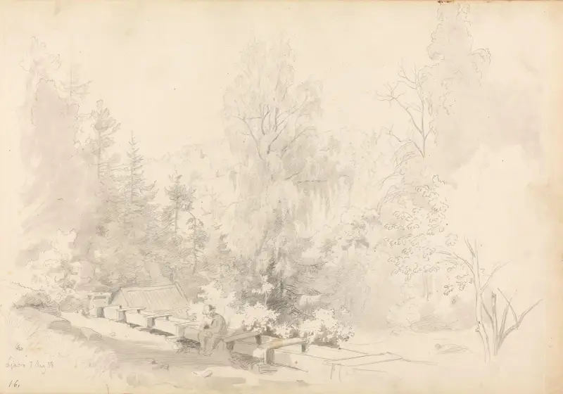 Landskap med sittande manlig figur av Hans Gude