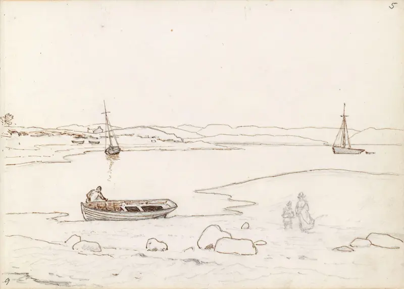 Landskap med båtar och människor av Hans Gude