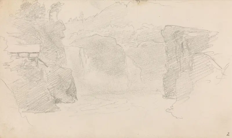 Landskap med foss och byggnad av Hans Gude