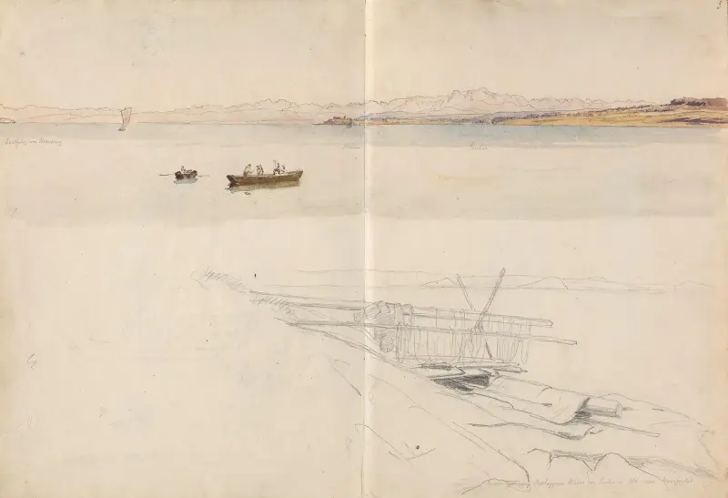 Mellom Meersburg og Mainau, Bodensee; garntørk av Hans Gude
