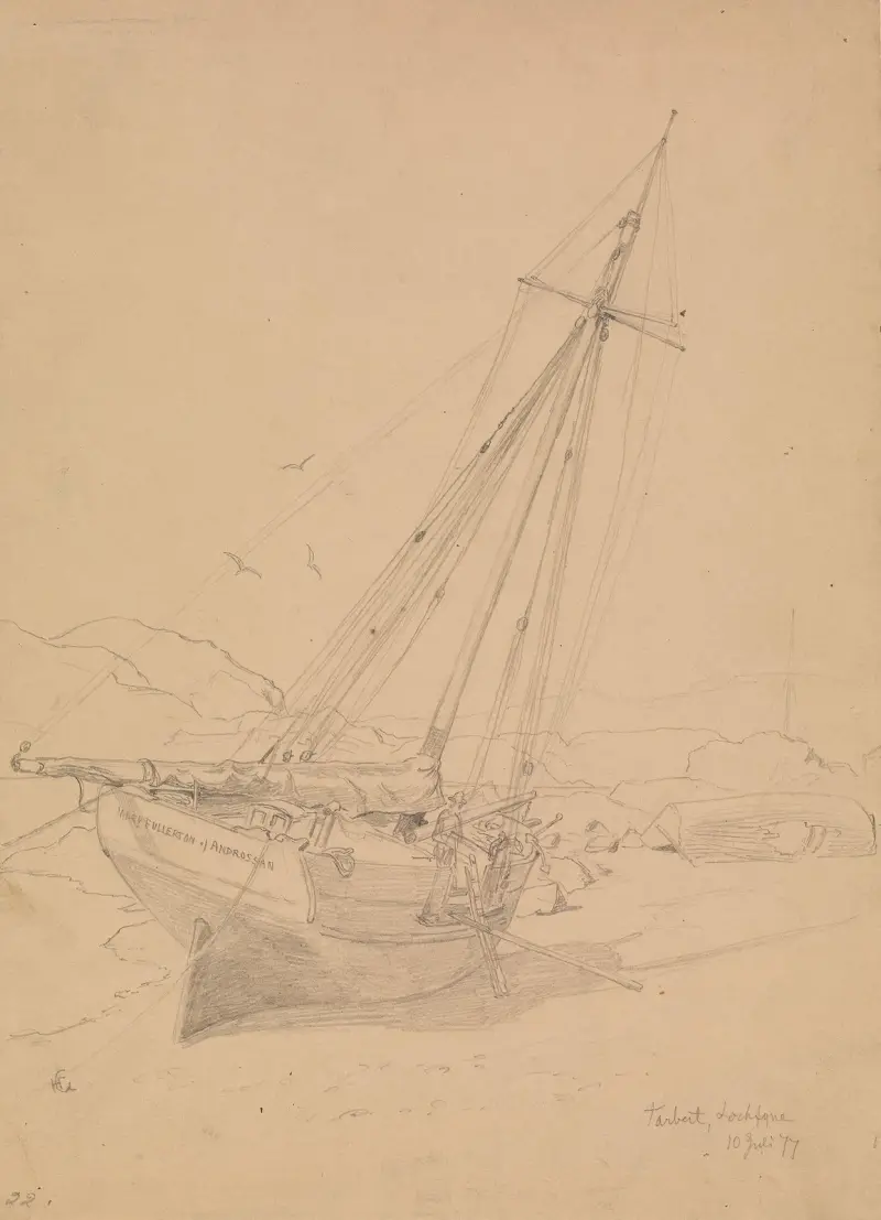 Sailing-Ship on the Shore, Tarbert, Loch Fyne av Hans Gude