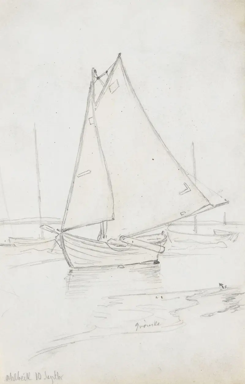 Segelboot am Strand, Ahlbeck von Hans Gude