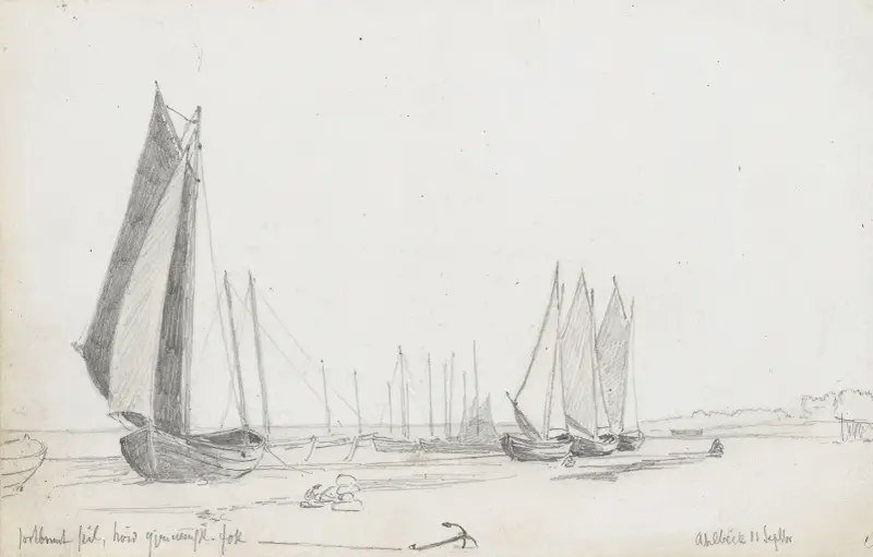 Segelbåtar på stranden, Ahlbeck av Hans Gude