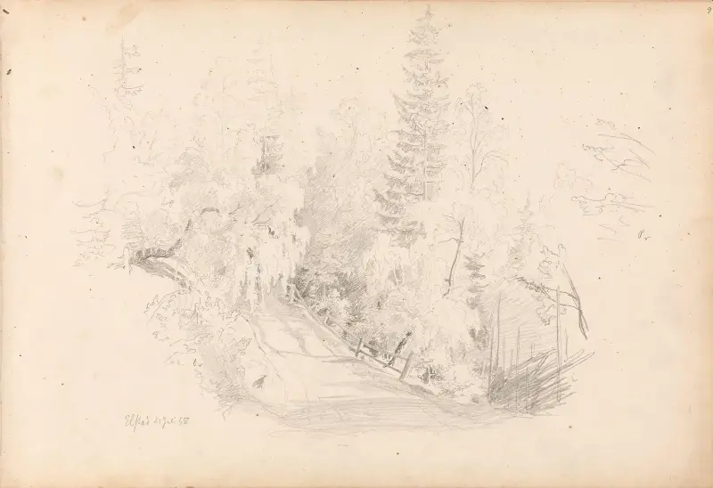 Skogsinteriör med väg, Elstad av Hans Gude