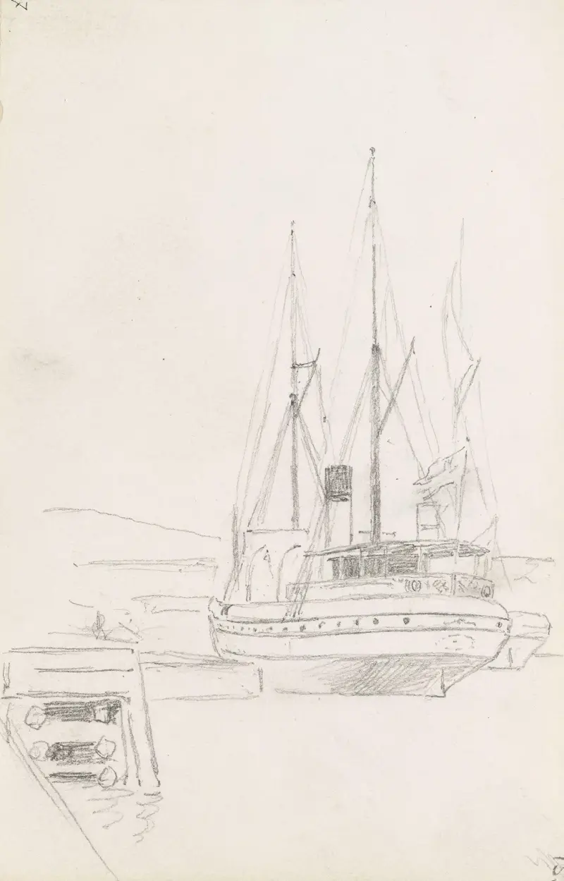 Ångfartyg i hamn av Hans Gude