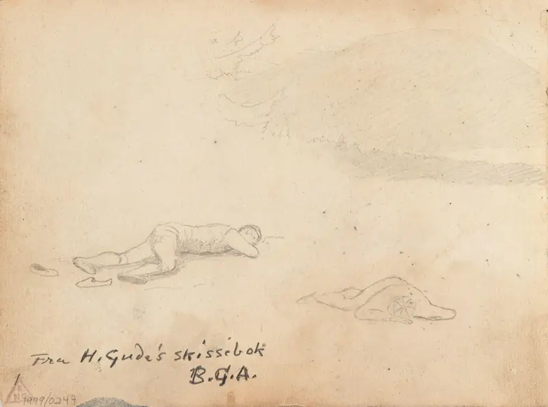 Två liggande figurer; två mansfigurer i fjället (detalj) av Hans Gude